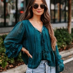 GABRIELA TASSEL TIE BLOUSE - TEAL